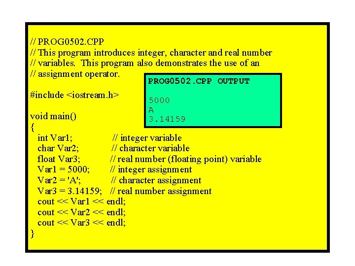 // PROG 0502. CPP // This program introduces integer, character and real number //