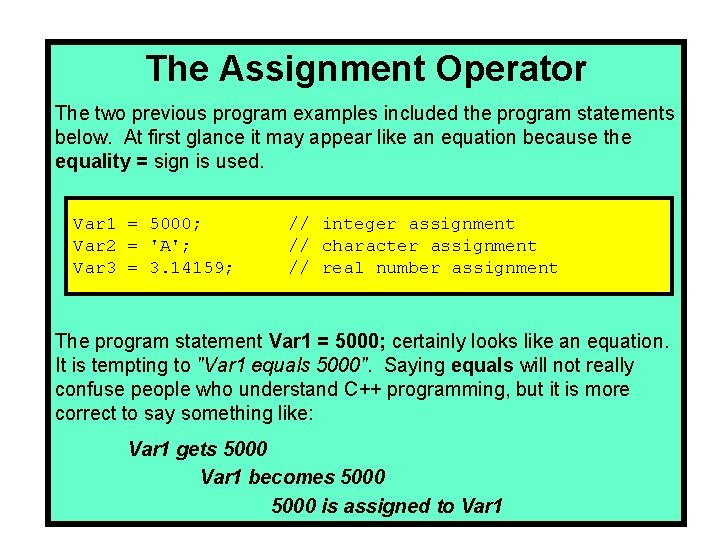 The Assignment Operator The two previous program examples included the program statements below. At