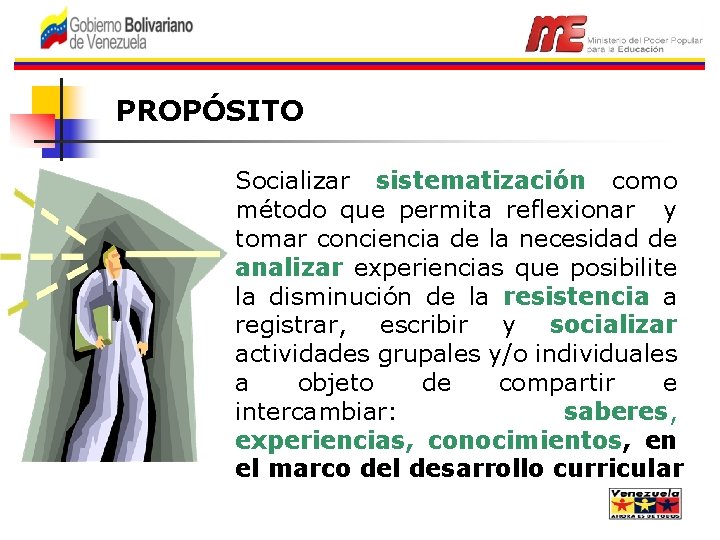 PROPÓSITO Socializar sistematización como método que permita reflexionar y tomar conciencia de la necesidad