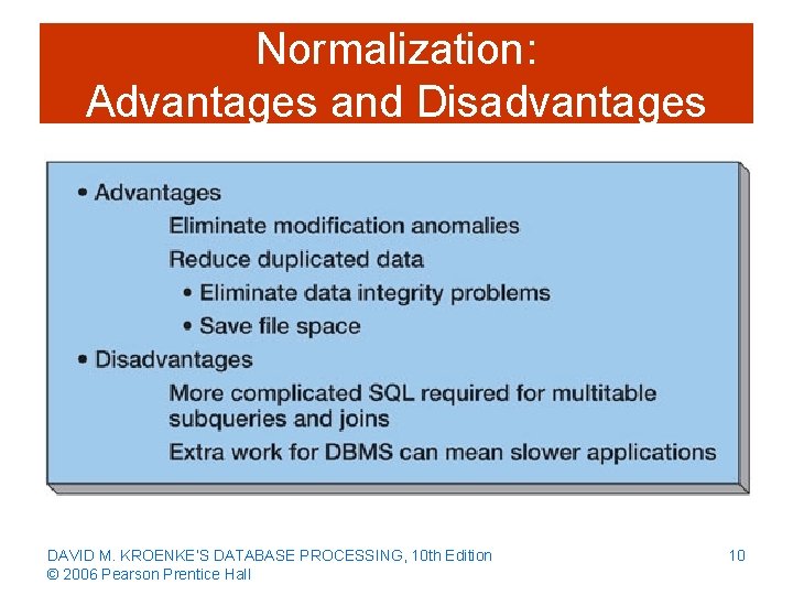 Normalization: Advantages and Disadvantages DAVID M. KROENKE’S DATABASE PROCESSING, 10 th Edition © 2006