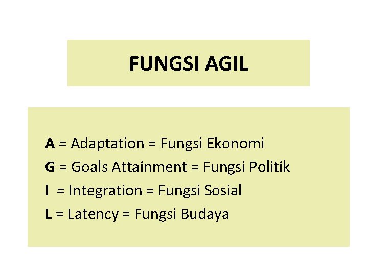 FUNGSI AGIL A = Adaptation = Fungsi Ekonomi G = Goals Attainment = Fungsi