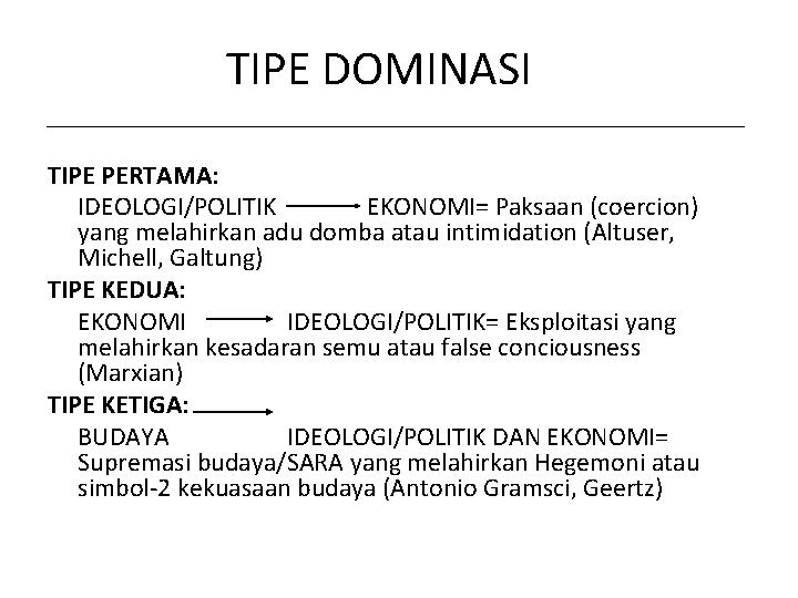 TIPE DOMINASI TIPE PERTAMA: IDEOLOGI/POLITIK EKONOMI= Paksaan (coercion) yang melahirkan adu domba atau intimidation