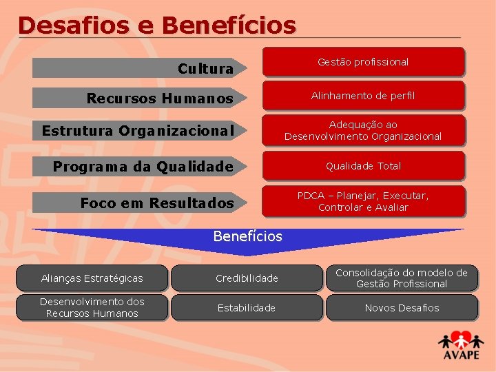 Desafios e Benefícios Cultura Recursos Humanos Estrutura Organizacional Programa da Qualidade Foco em Resultados