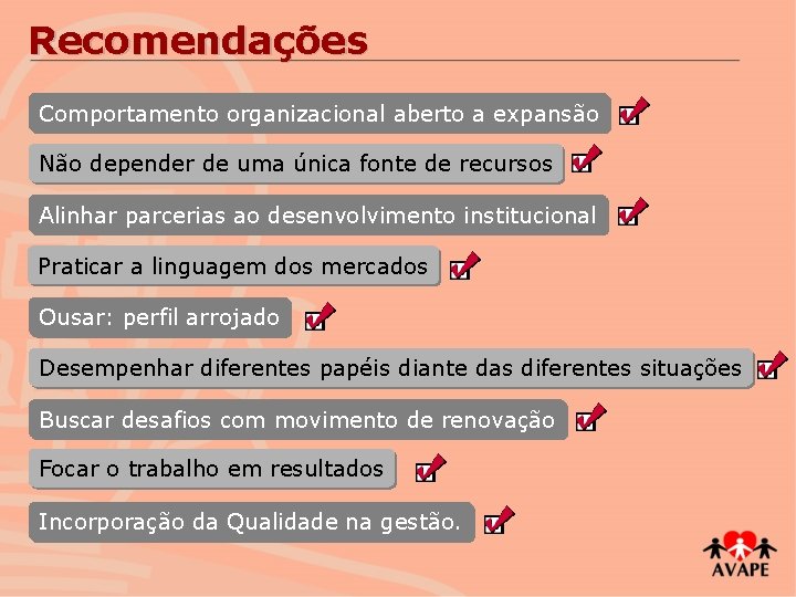 Recomendações Comportamento organizacional aberto a expansão Não depender de uma única fonte de recursos