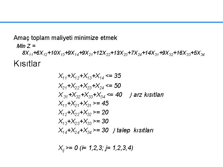 Amaç toplam maliyeti minimize etmek Min Z = 8 X 11+6 X 12+10 X