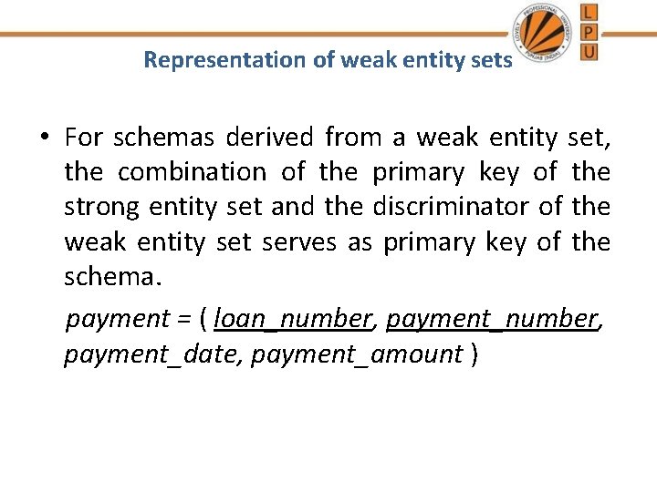 Representation of weak entity sets • For schemas derived from a weak entity set,