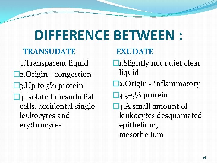 DIFFERENCE BETWEEN : TRANSUDATE 1. Transparent liquid � 2. Origin - congestion � 3.