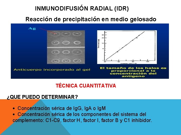 INMUNODIFUSIÓN RADIAL (IDR) Reacción de precipitación en medio gelosado TÉCNICA CUANTITATIVA ¿QUE PUEDO DETERMINAR?