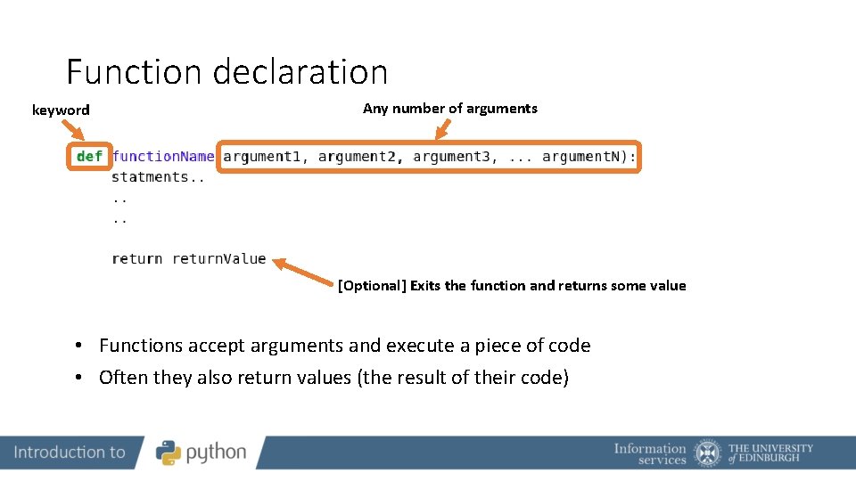 Function declaration keyword Any number of arguments [Optional] Exits the function and returns some