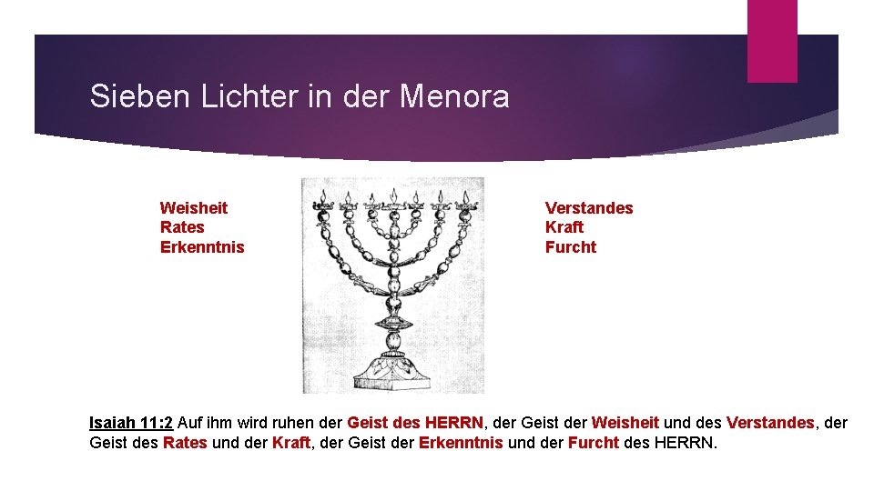 Sieben Lichter in der Menora Weisheit Rates Erkenntnis Verstandes Kraft Furcht Isaiah 11: 2