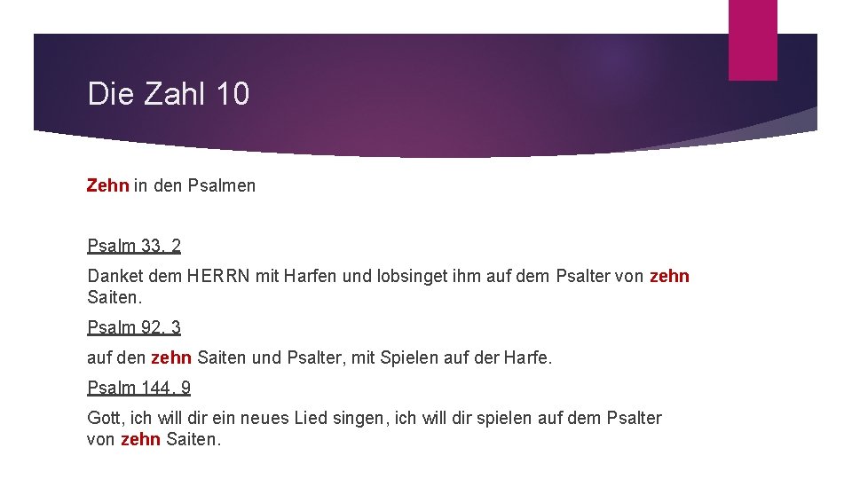 Die Zahl 10 Zehn in den Psalm 33, 2 Danket dem HERRN mit Harfen