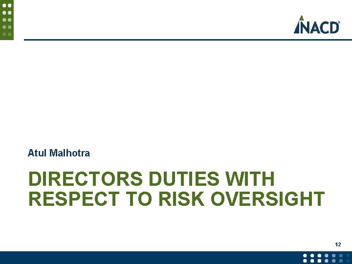 Atul Malhotra DIRECTORS DUTIES WITH RESPECT TO RISK OVERSIGHT 12 