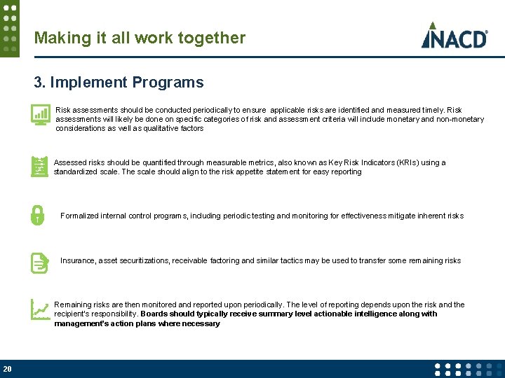 Making it all work together 3. Implement Programs Risk assessments should be conducted periodically