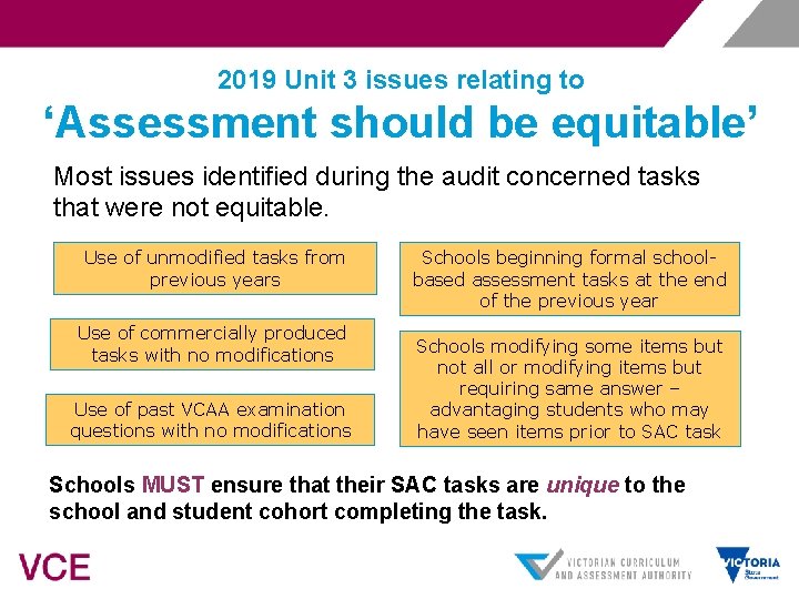 2019 Unit 3 issues relating to ‘Assessment should be equitable’ Most issues identified during