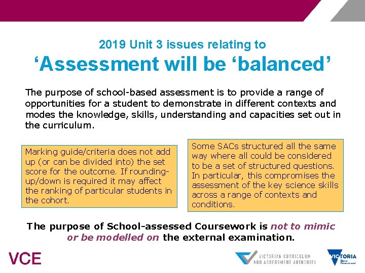 2019 Unit 3 issues relating to ‘Assessment will be ‘balanced’ The purpose of school-based