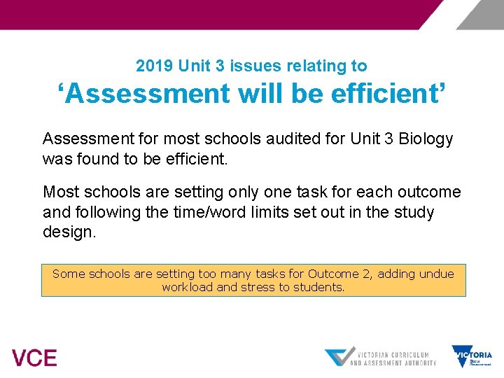 2019 Unit 3 issues relating to ‘Assessment will be efficient’ Assessment for most schools