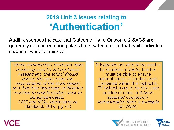 2019 Unit 3 issues relating to ‘Authentication’ Audit responses indicate that Outcome 1 and