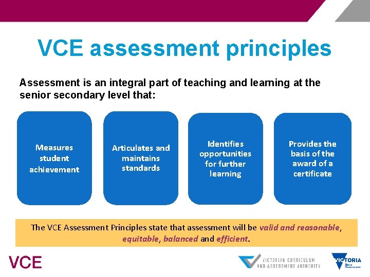 VCE assessment principles Assessment is an integral part of teaching and learning at the
