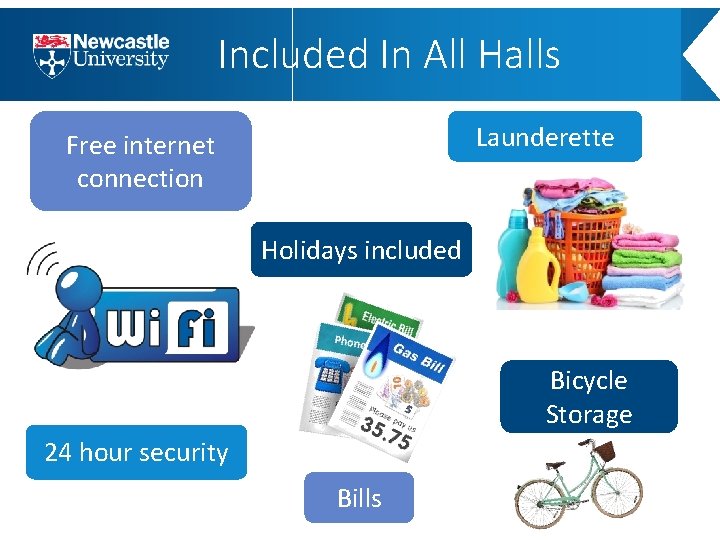 Included In All Halls Launderette Free internet connection Holidays included Bicycle Storage 24 hour