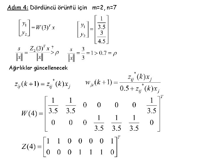 Adım 4: Dördüncü örüntü için m=2, n=7 Ağırlıklar güncellenecek 