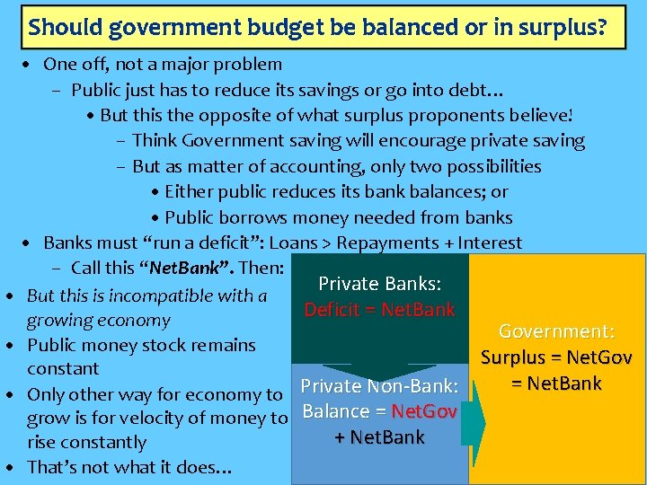 Should government budget be balanced or in surplus? • One off, not a major