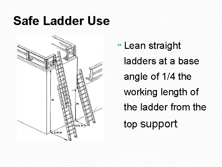 Safe Ladder Use Lean straight ladders at a base angle of 1/4 the working