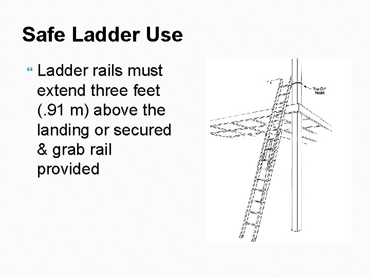 Safe Ladder Use Ladder rails must extend three feet (. 91 m) above the