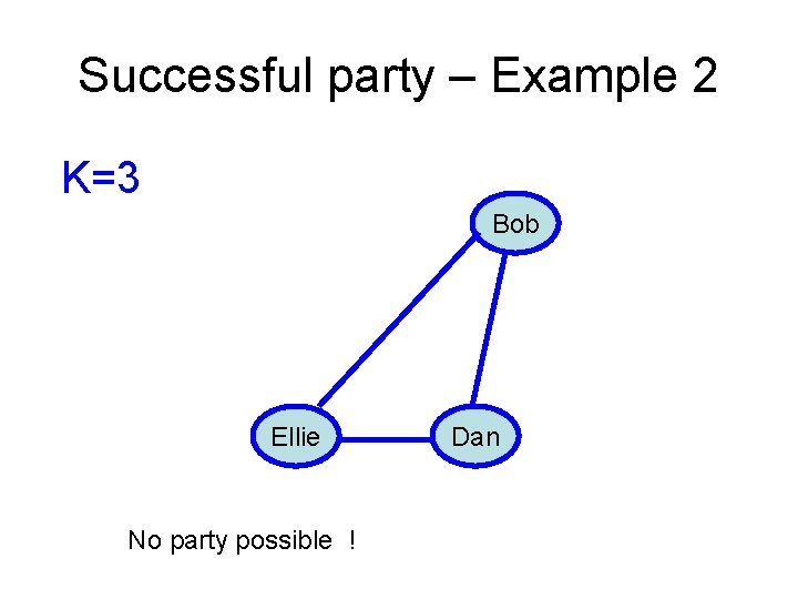 Successful party – Example 2 K=3 Bob Ellie No party possible ! Dan 