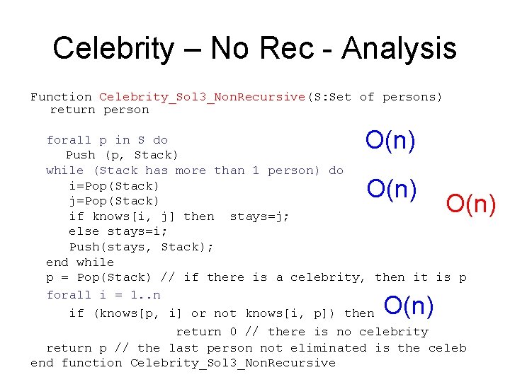 Celebrity – No Rec - Analysis Function Celebrity_Sol 3_Non. Recursive(S: Set of persons) return