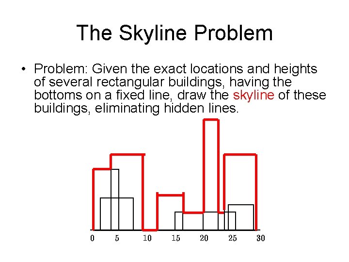 The Skyline Problem • Problem: Given the exact locations and heights of several rectangular