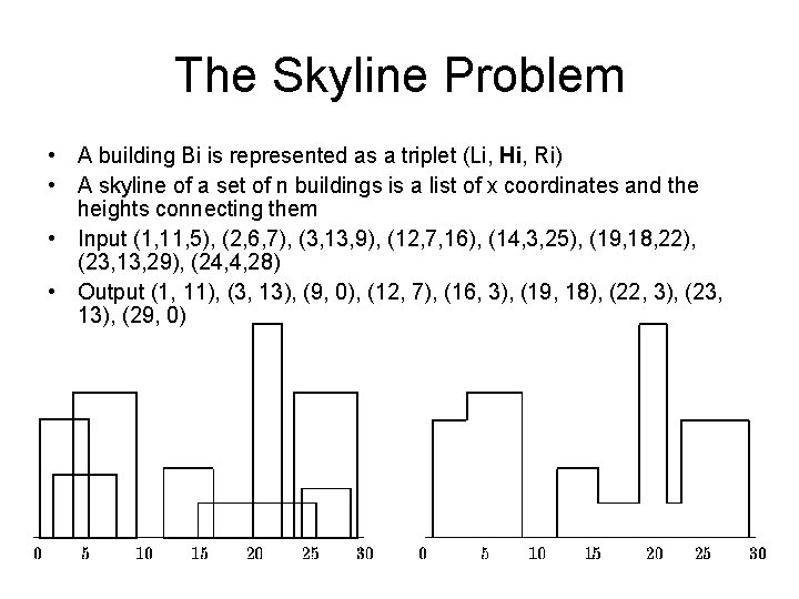 The Skyline Problem • A building Bi is represented as a triplet (Li, Hi,