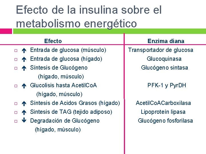 Efecto de la insulina sobre el metabolismo energético Efecto Enzima diana é Entrada de