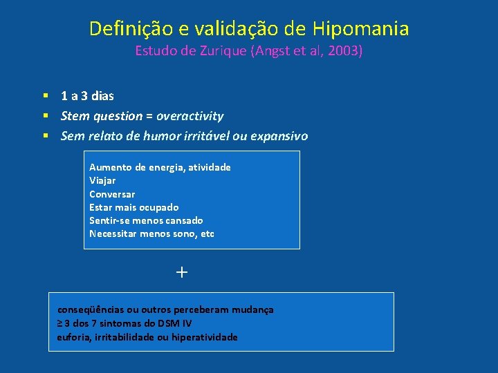Definição e validação de Hipomania Estudo de Zurique (Angst et al, 2003) § 1