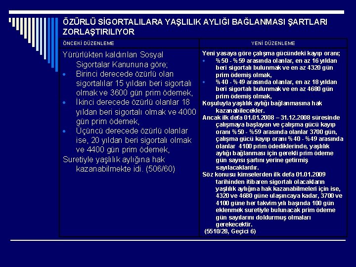 ÖZÜRLÜ SİGORTALILARA YAŞLILIK AYLIĞI BAĞLANMASI ŞARTLARI ZORLAŞTIRILIYOR ÖNCEKİ DÜZENLEME Yürürlükten kaldırılan Sosyal Sigortalar Kanununa