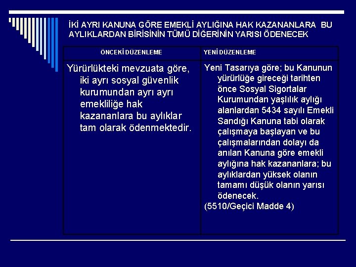 İKİ AYRI KANUNA GÖRE EMEKLİ AYLIĞINA HAK KAZANANLARA BU AYLIKLARDAN BİRİSİNİN TÜMÜ DİĞERİNİN YARISI