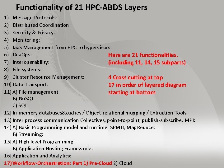 Functionality of 21 HPC-ABDS Layers 1) Message Protocols: 2) Distributed Coordination: 3) Security &