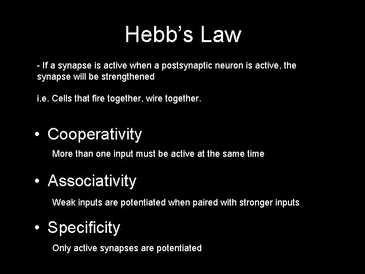 Hebb’s Law - If a synapse is active when a postsynaptic neuron is active,