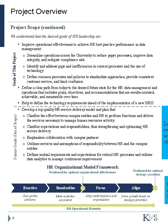 Project Overview Project Scope (continued) We understand that the desired goals of HR leadership