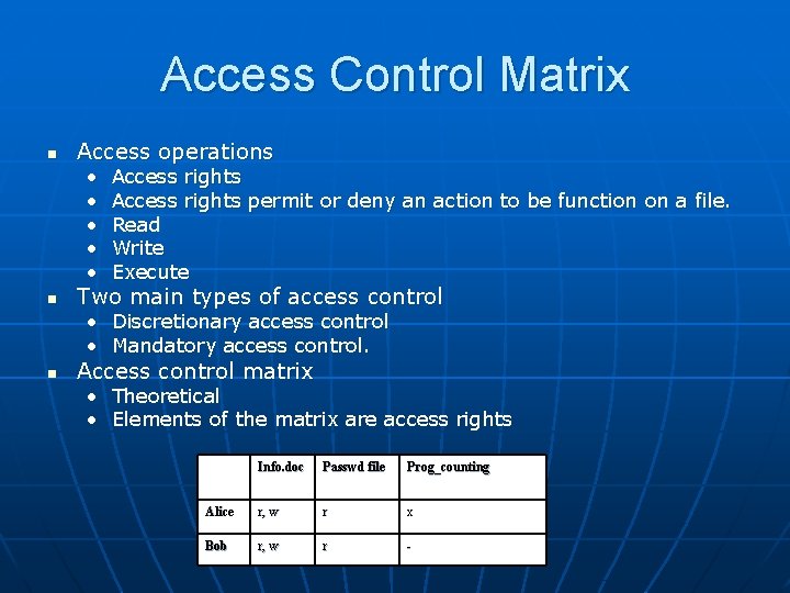 Access Control Matrix n Access operations • • • n Access rights permit or Access Control Matrix n Access operations • • • n Access rights permit or