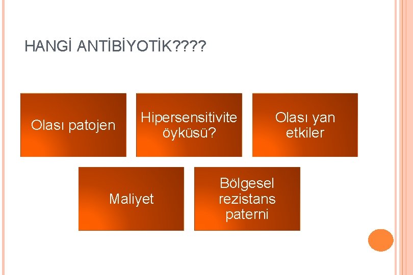 HANGİ ANTİBİYOTİK? ? Olası patojen Hipersensitivite öyküsü? Maliyet Olası yan etkiler Bölgesel rezistans paterni