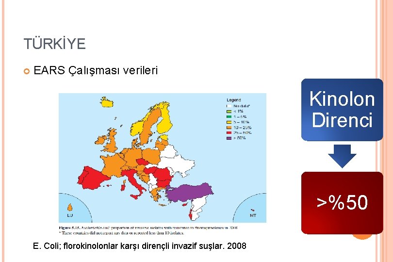 TÜRKİYE EARS Çalışması verileri Kinolon Direnci >%50 E. Coli; florokinolonlar karşı dirençli invazif suşlar.