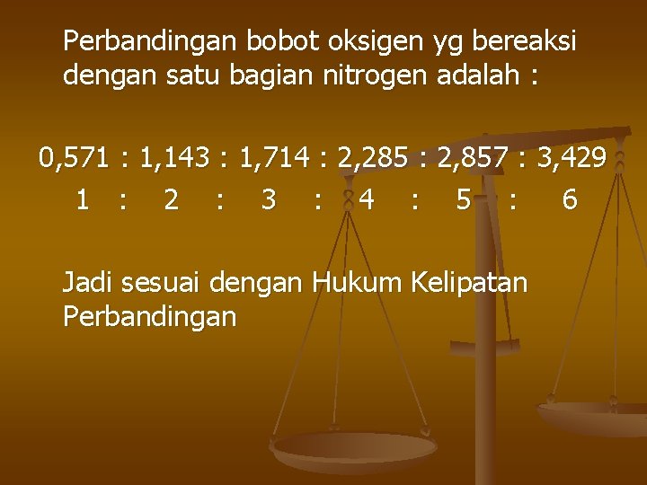 Perbandingan bobot oksigen yg bereaksi dengan satu bagian nitrogen adalah : 0, 571 :