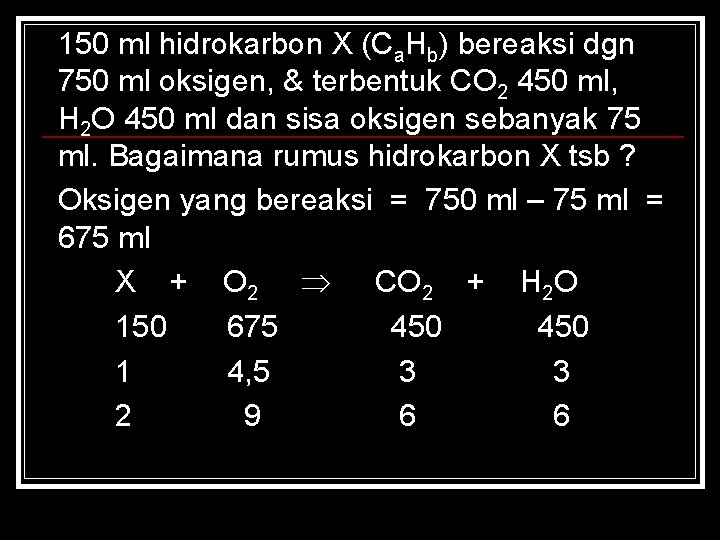 150 ml hidrokarbon X (Ca. Hb) bereaksi dgn 750 ml oksigen, & terbentuk CO