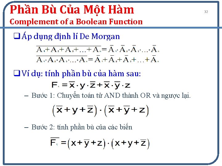 Phần Bù Của Một Hàm Complement of a Boolean Function q Áp dụng định
