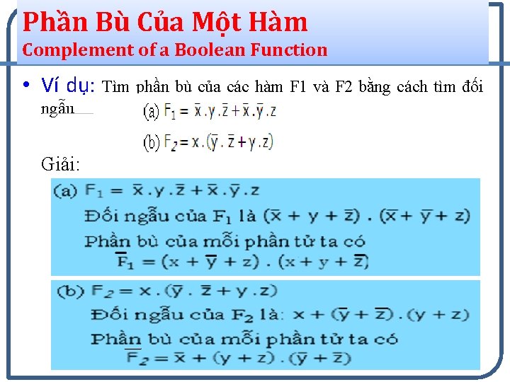 Phần Bù Của Một Hàm 35 Complement of a Boolean Function • Ví dụ: