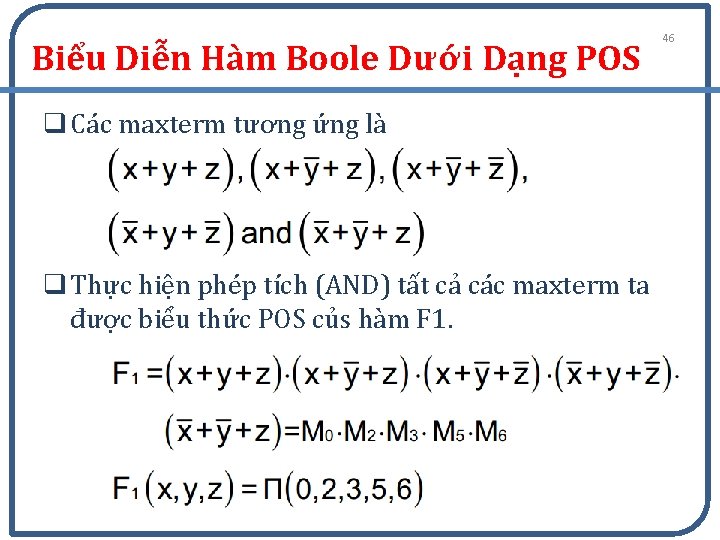 Biểu Diễn Hàm Boole Dưới Dạng POS q Các maxterm tương ứng là q