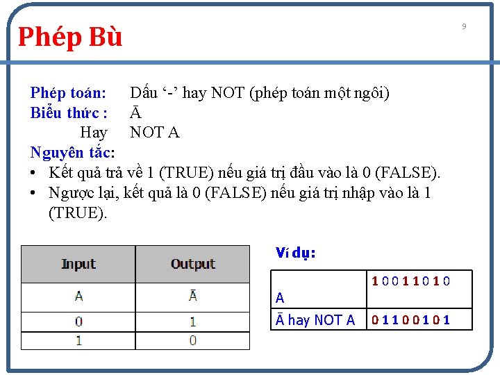 Phép Bù 9 Phép toán: Dấu ‘-’ hay NOT (phép toán một ngôi) Biểu