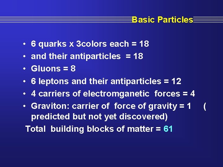 Basic Particles • • • 6 quarks x 3 colors each = 18 and