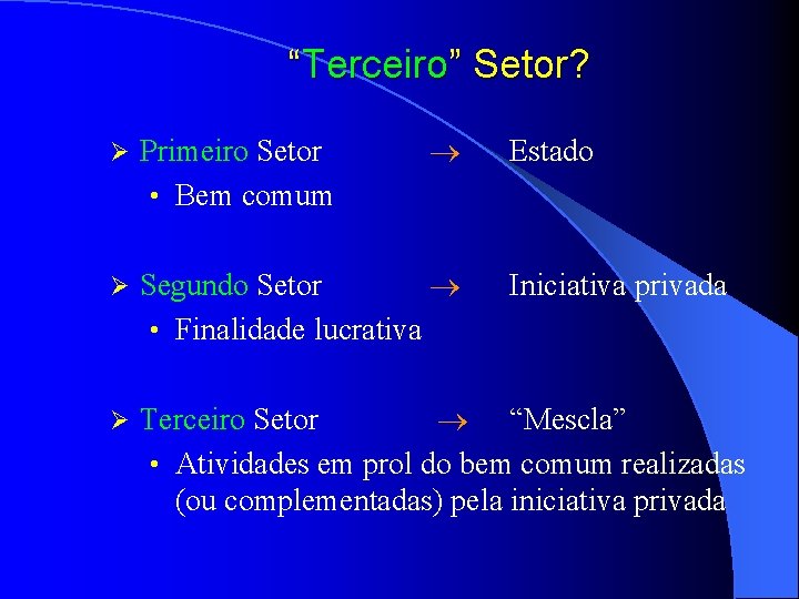 “Terceiro” Setor? Ø Primeiro Setor • Bem comum Estado Ø Segundo Setor • Finalidade