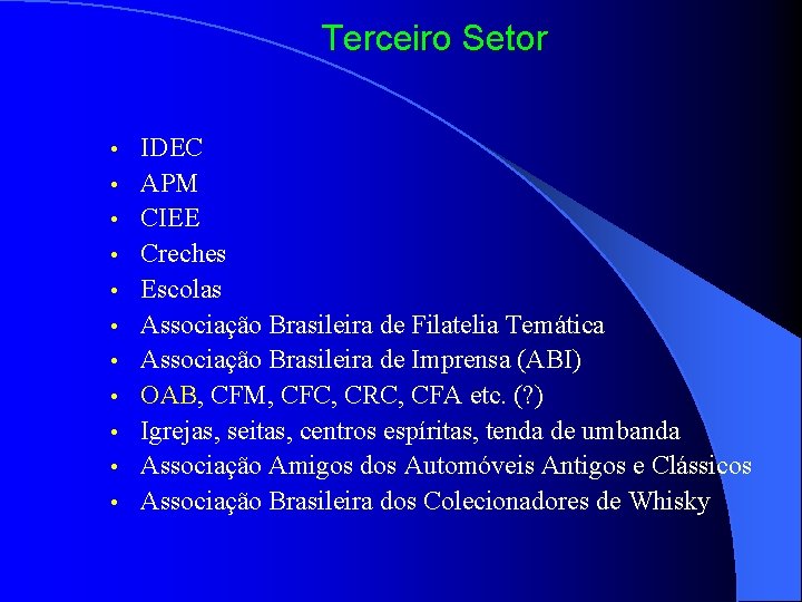 Terceiro Setor • • • IDEC APM CIEE Creches Escolas Associação Brasileira de Filatelia
